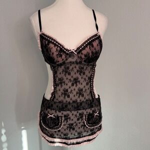 Victorias Secret Sexy Little Things Black Pink Lace Apron Chemise Lingerie 34C